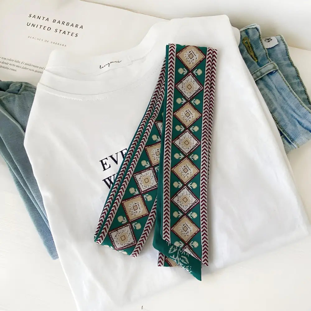 Green patterned scarf from the Light Blue Denim Shorts with Borra Scarf Belt and Patterned Sash
