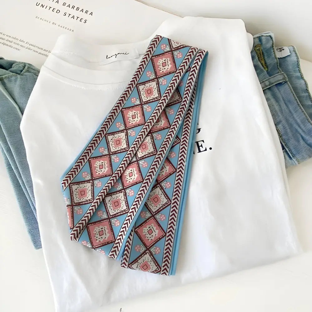Light Blue Denim Shorts with Borra Scarf Belt and Patterned Sash featuring a Blue patterned scarf