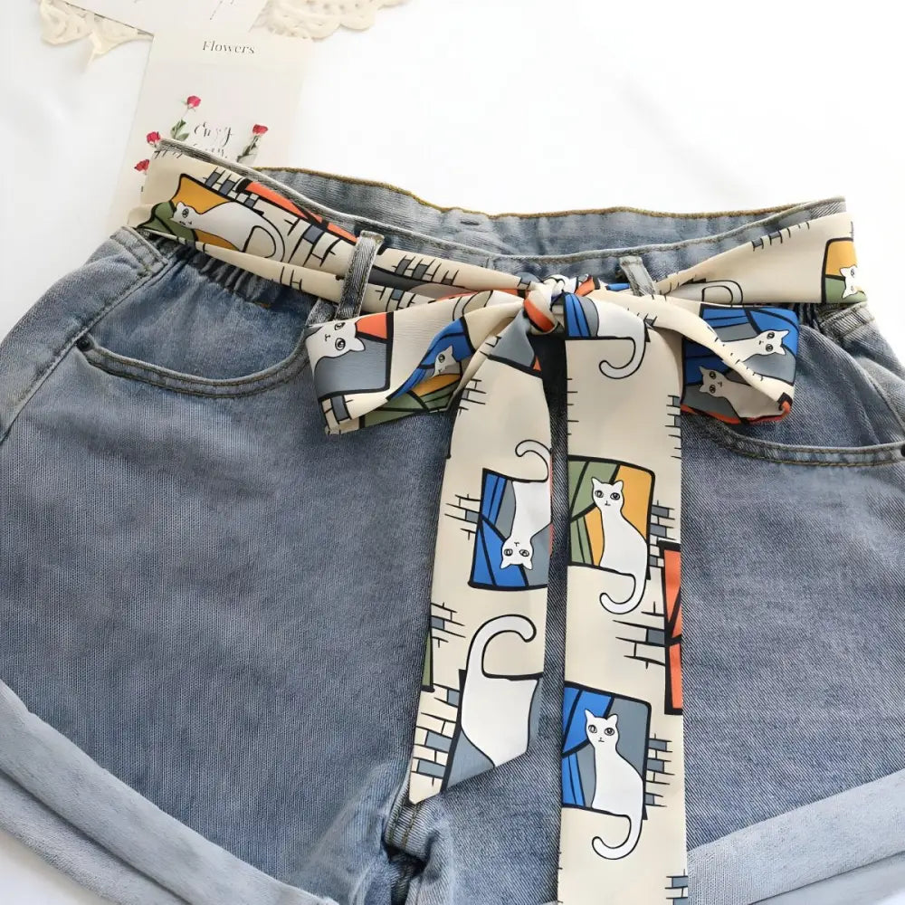 Denim shorts with Cat Patterned Eutalia Scarf Belt for a stylish look