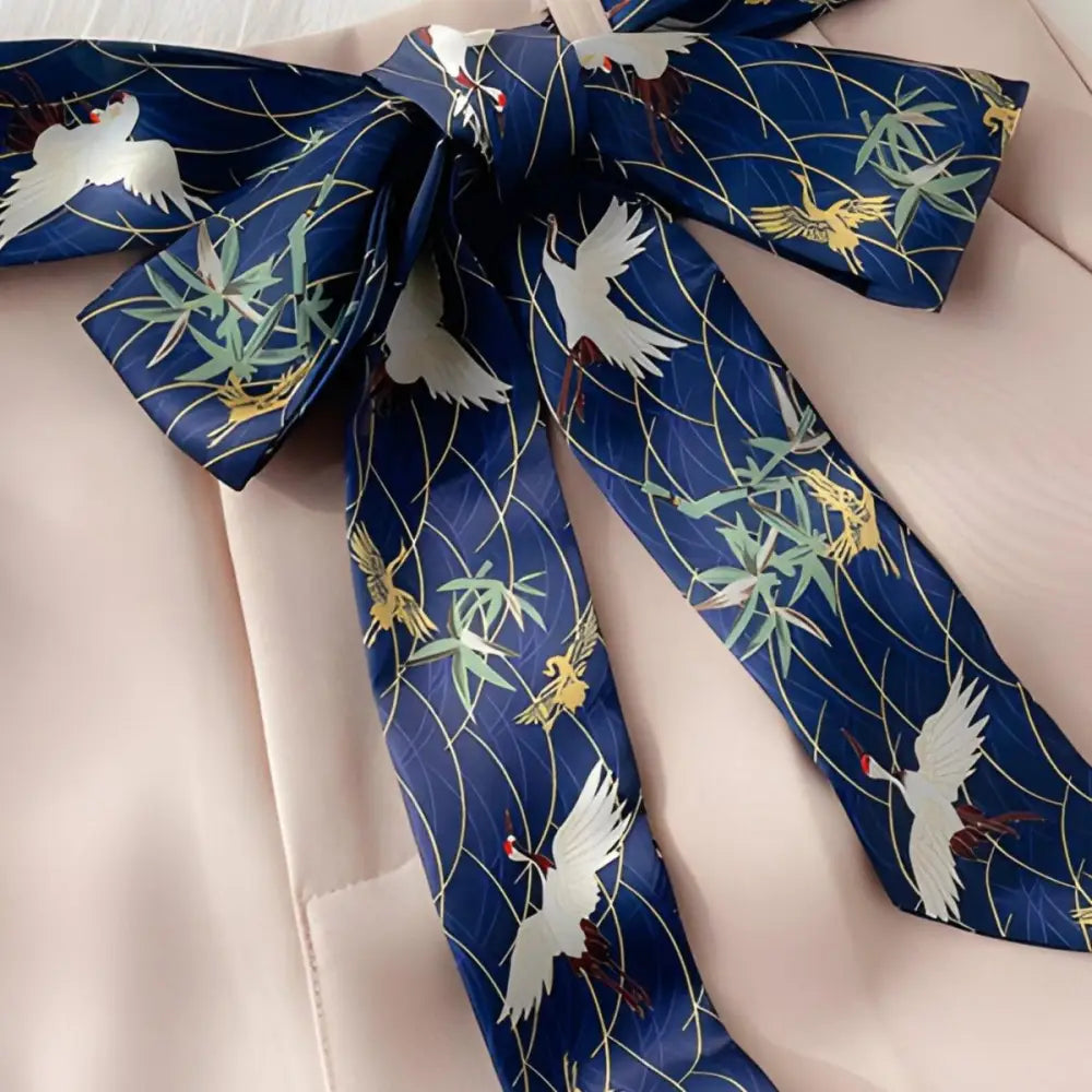 Blue crane-patterned silk scarf belt included in navy belted beige shorts set