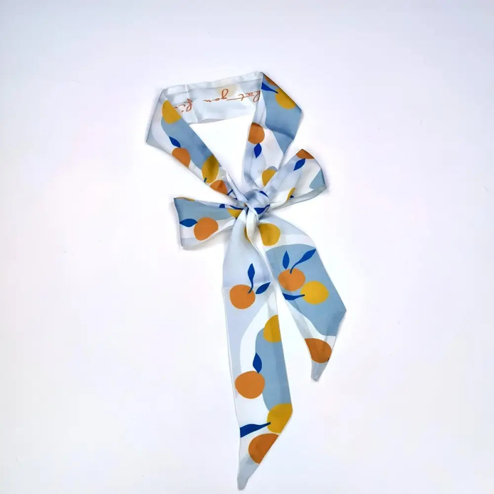 Orange-patterned silk scarf tied in a bow, Citrus Burst Scarf Belt with Orange Fruit Pattern
