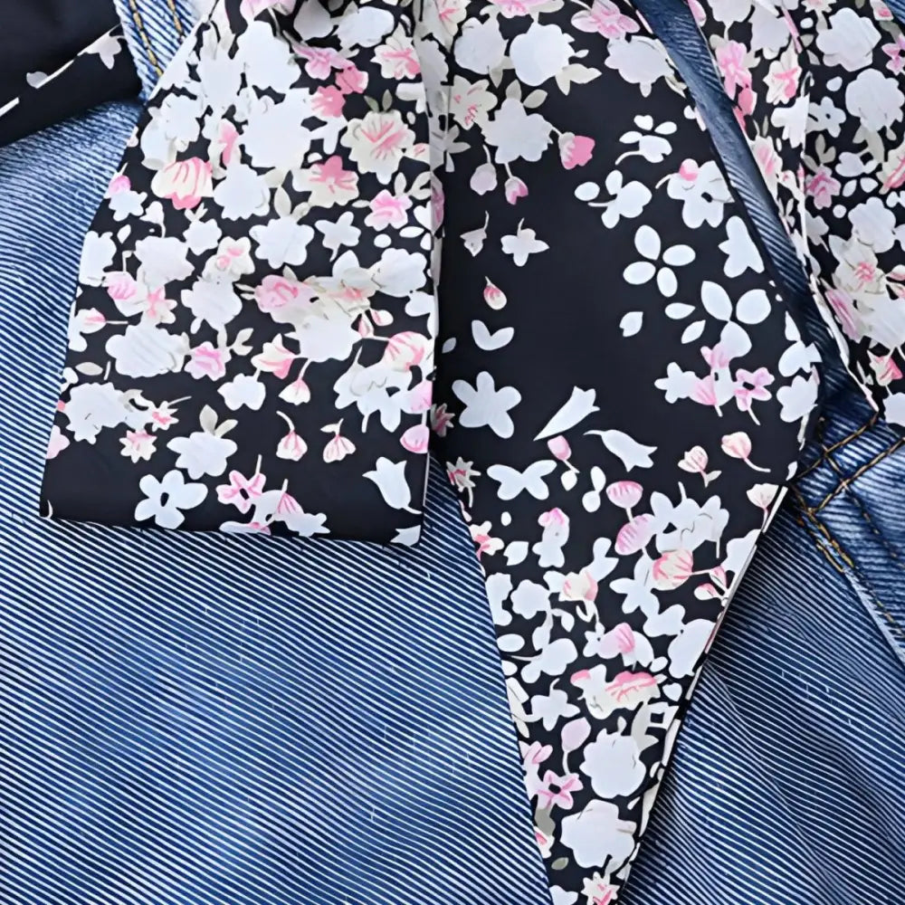 Blue Jeans with floral print scarf and matching scarf belt for elegant styling
