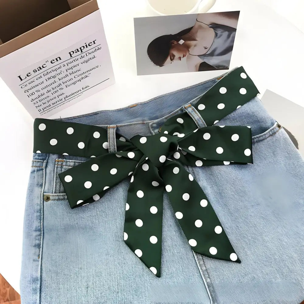 Blue denim skirt with polka dot scarf belt and stylish polka dot sash