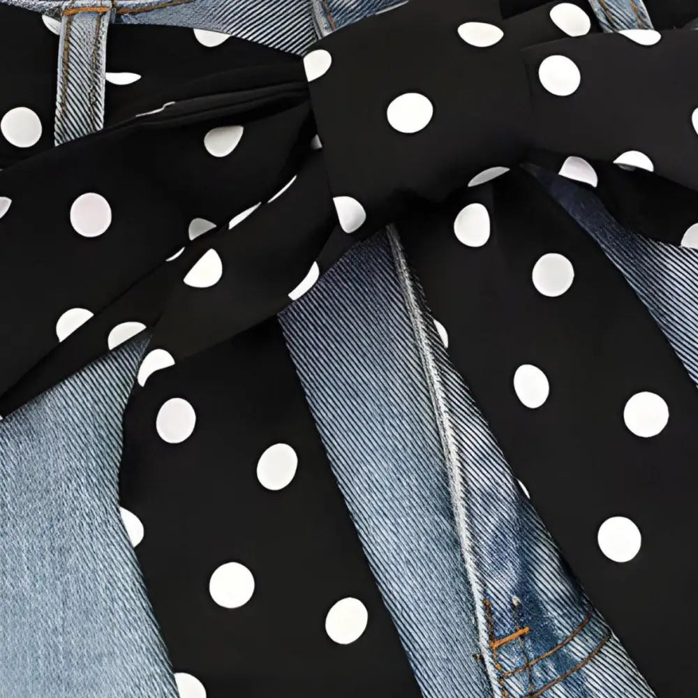 Polka dot scarf belt on Blue Denim Skirt with Polka Dot Sash detail