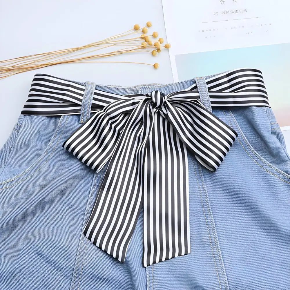 Black and White Striped Bow with Denim Skirt and Capano Scarf Belt for elegant style