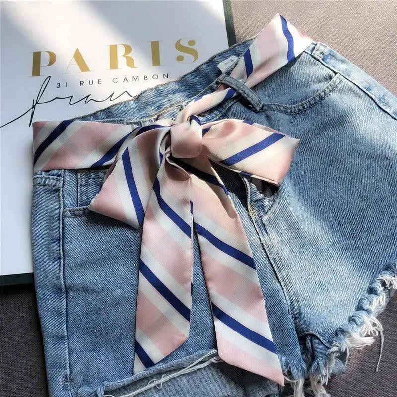 Pink and Blue Bow Striped Scarf Belt for Denim Shorts displaying denim shorts with striped ribbon tie