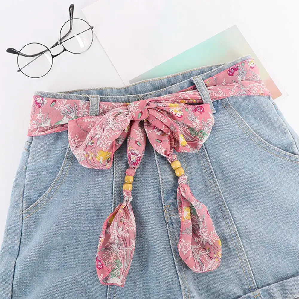 Denim shorts with floral scarf belt featuring Hokoupadia Model Scarf Belt design