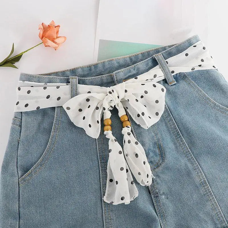 Denim shorts with polka dot scarf belt featuring Hokoupadia model scarf belt design