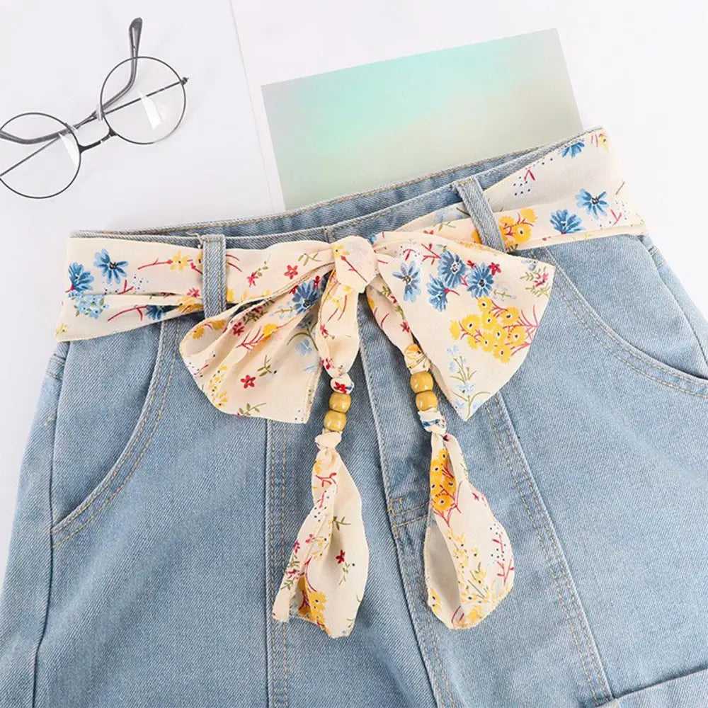 Denim skirt with floral scarf belt and Hokoupadia model scarf belt accessory
