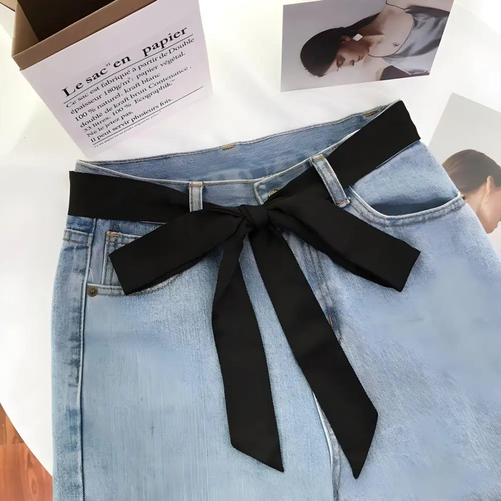 Light blue jeans with black scarf belt from Denim Shorts with Pink or Black Ribbon Scarf Belt for Casual Style