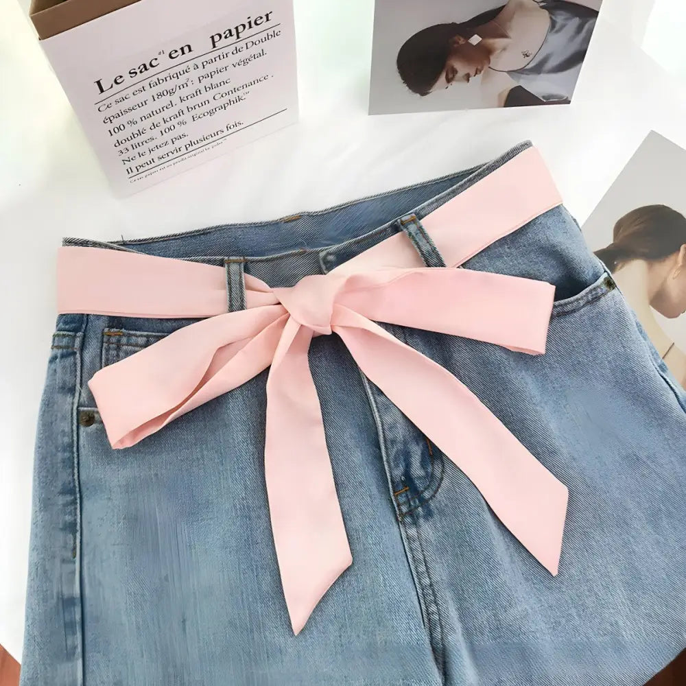 Denim Shorts with Pink Ribbon Scarf Belt for Casual Style