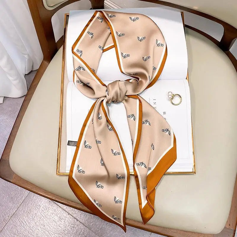 Beige patterned silk scarf belt detail for Elegant White Dress with silk scarf look