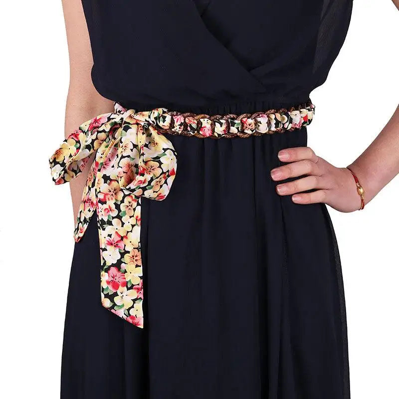 Navy dress with floral silk scarf belt for elegant dress styling