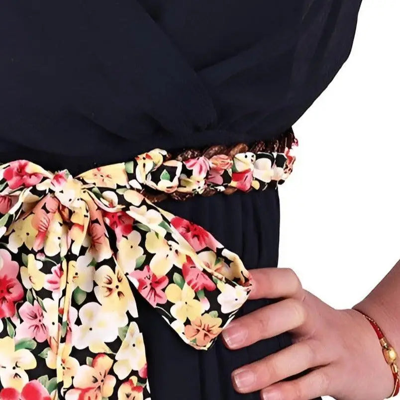 Floral-patterned silk scarf belt for elegant dress styling in navy, stylish silk scarf belt