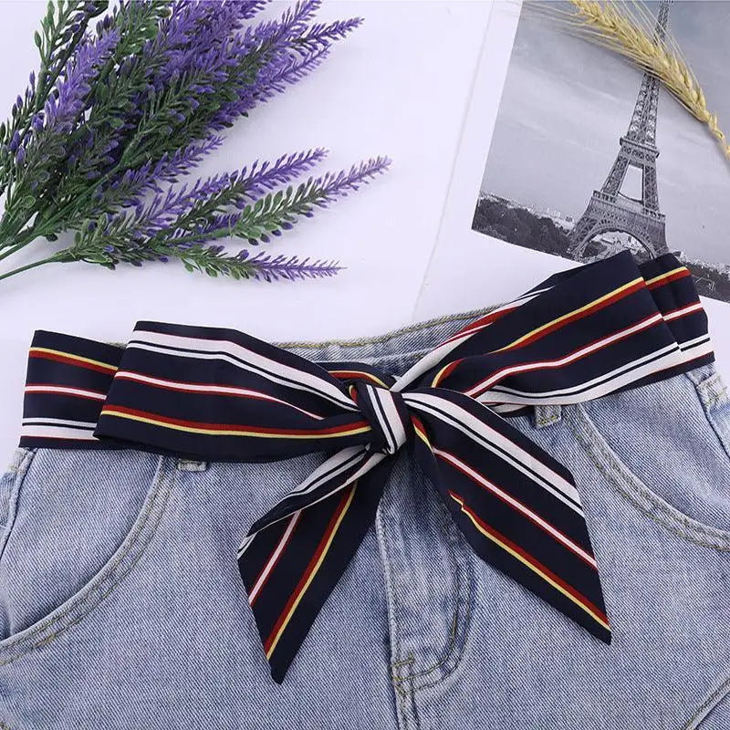 Silk Scarf Belt with Striped Bow Design for Denim Shorts, Stylish Scarf Belt Accessory
