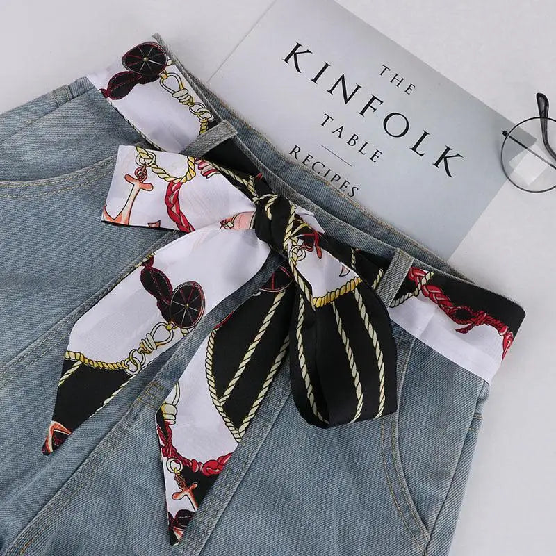 Denim skirt with elegant silk scarf-belt for stylish summer fashion accessories