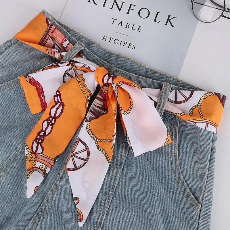 Denim skirt with elegant silk scarf-belt for sophisticated fashion style
