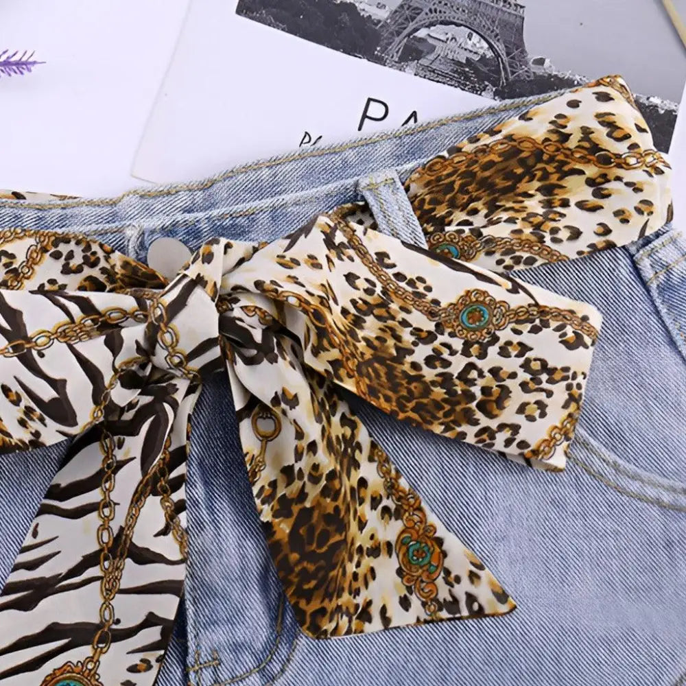 Denim shorts with Sanne Silk Scarves Belt featuring patterned silk scarf belt for style