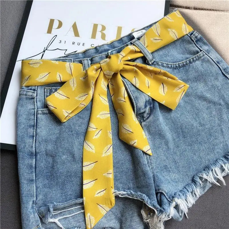 Yellow Feather-Patterned Ipadia Scarf Belt for Denim Shorts, stylish scarf belt accessory