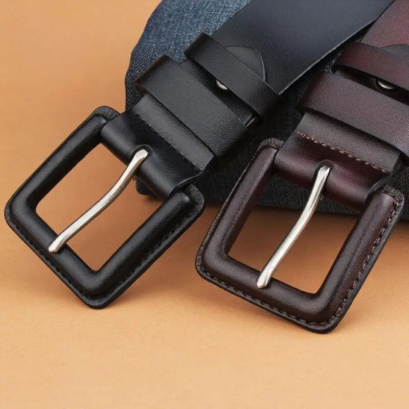 Leather belt with square buckle in brown and maroon colors for stylish accessories