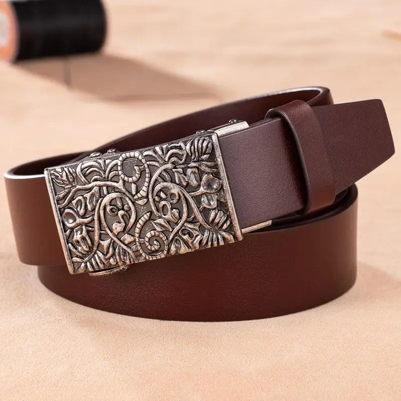 Large size brown leather belt with ornate western buckle for men