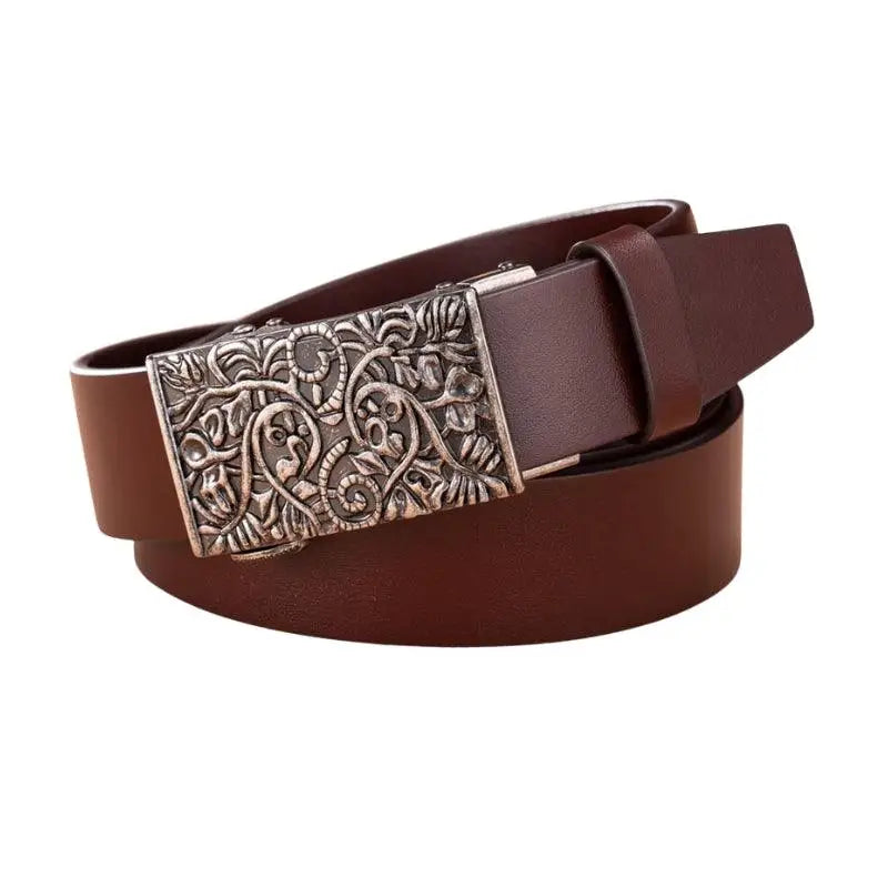Large size brown leather belt with ornate western silver buckle for Western fashion