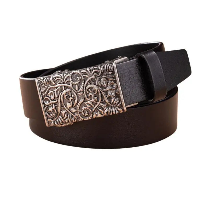 Large size leather belt with ornate western buckle for men and women