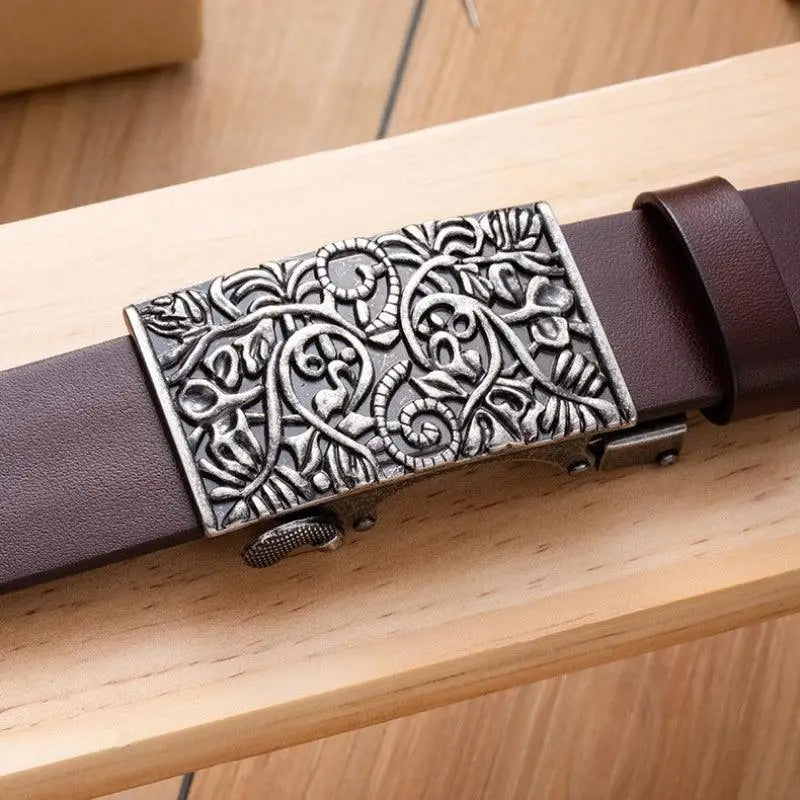 Large size brown leather belt with ornate western buckle for men’s fashion