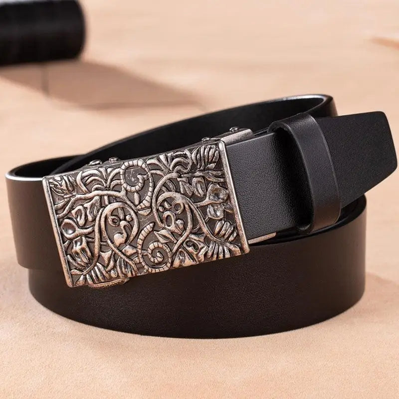 Large size leather belt with ornate western buckle for durable Western style fashion