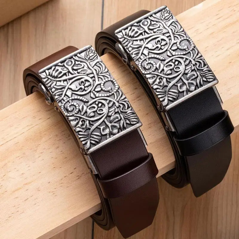 Large size brown leather belt with ornate western buckle for men