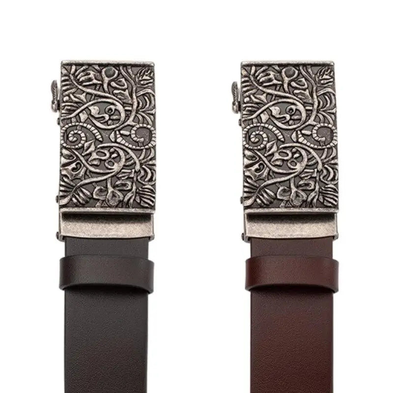 Large size leather belt with ornate western buckle and silver accents