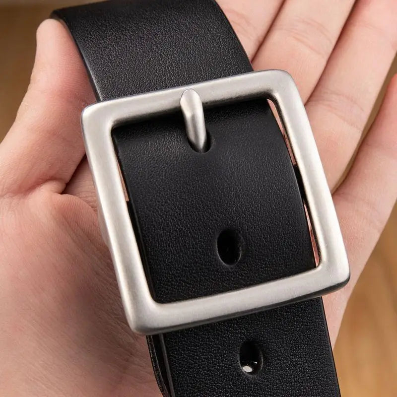 Nereo Leather Belt with Silver Buckle in Black featuring premium leather material