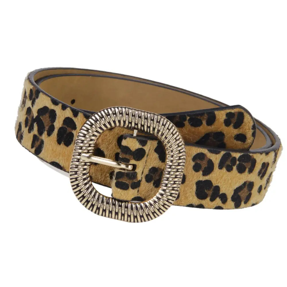 Feline Belt in Synthetic Leather with Leopard Print and Decorative Silver Buckle