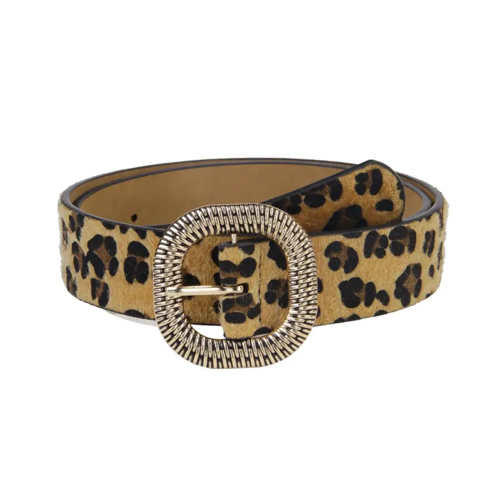 Feline Belt in synthetic leather featuring a leopard print and decorative silver buckle