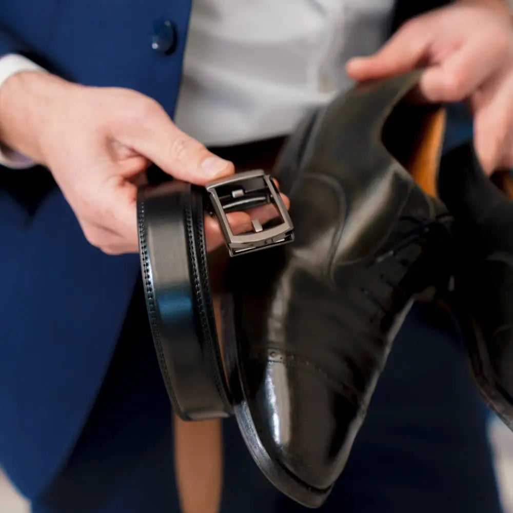 Black leather dress shoe and belt featuring Winston Men’s Belt with Robust Metal Buckle