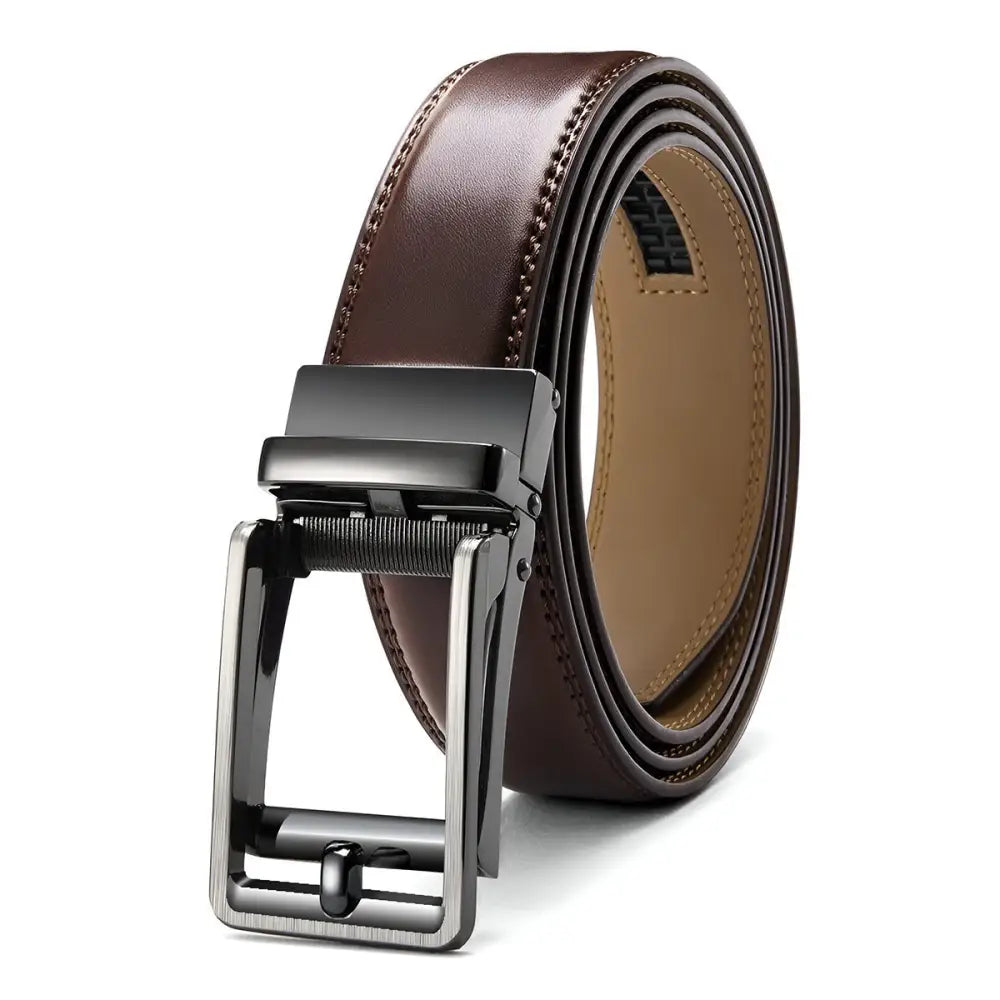 Brown leather ratchet belt featuring Winston Men’s Belt with robust metal buckle