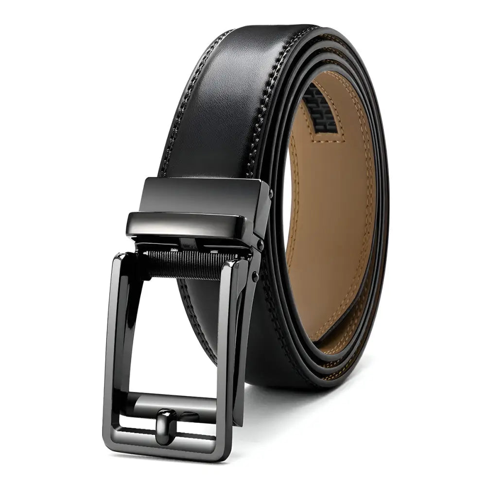 Black leather ratchet belt with robust metal buckle from Winston Men’s Belt collection
