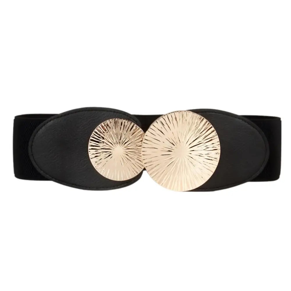 Black elastic belt with gold circular buckle from Elastic Belts with Gold Circular Buckle in Red Black and White