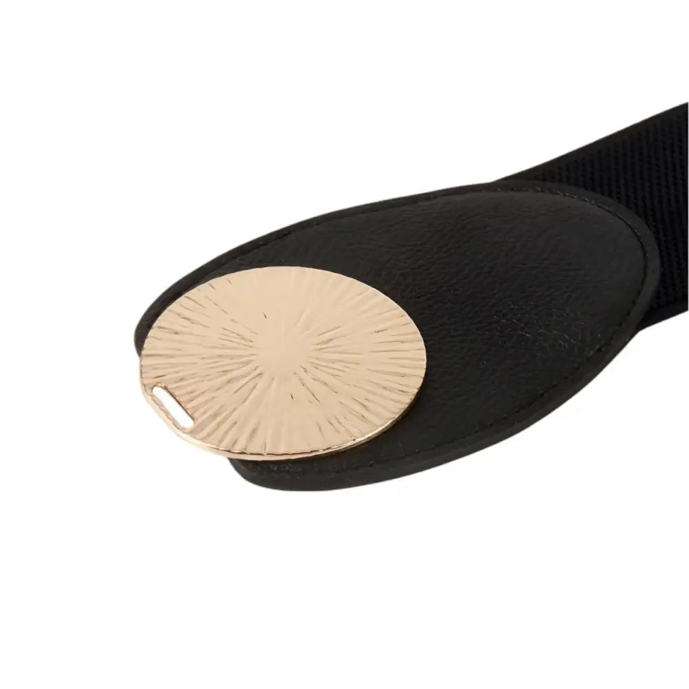 Black elastic belt with gold circular disc buckle from Elastic Belts with Gold Circular Buckle in Red Black and White