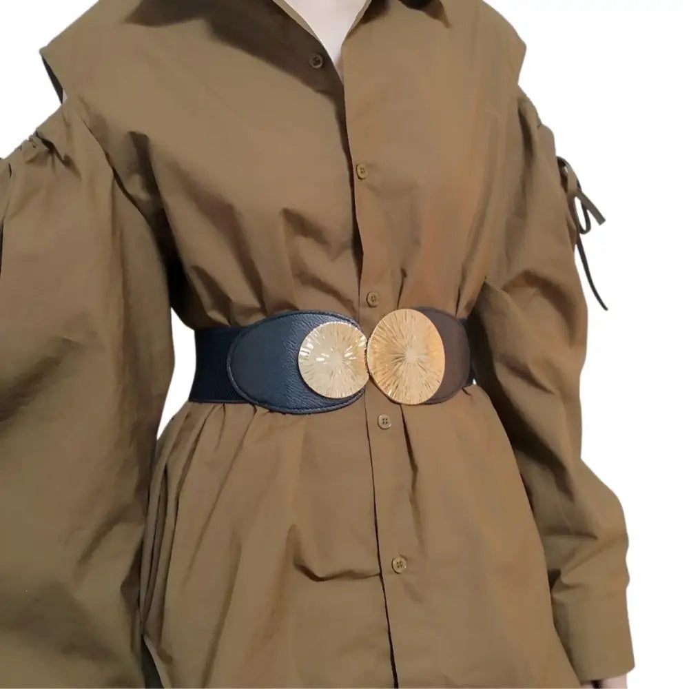 Brown shirt dress with wide elastic belt featuring a gold circular buckle, available in red black and white