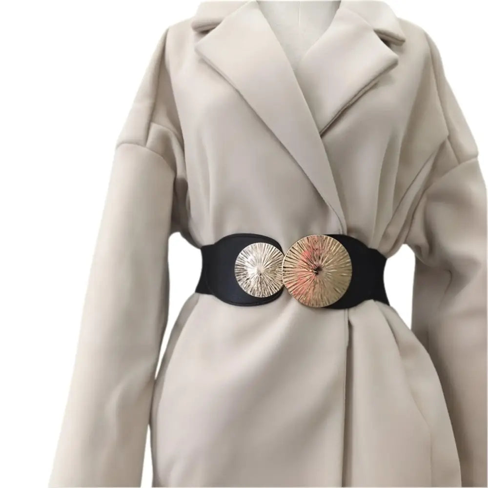 Beige coat with black elastic belt and metallic circular buckles from Elastic Belts with Gold Circular Buckle collection