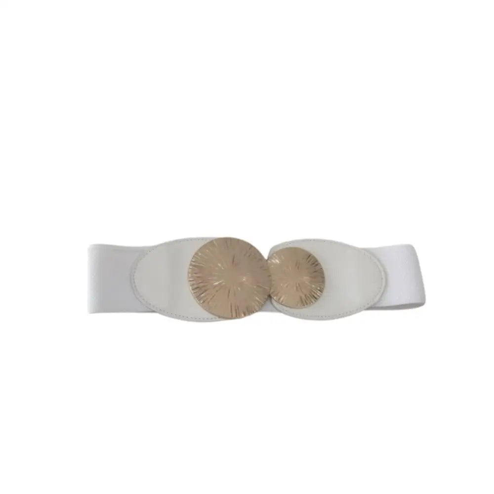 White elastic belt with gold circular buckle from Elastic Belts in Red Black and White