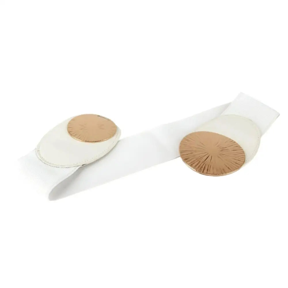 Adhesive corn pads for comfort with Elastic Belts featuring Gold Circular Buckles in Red Black White