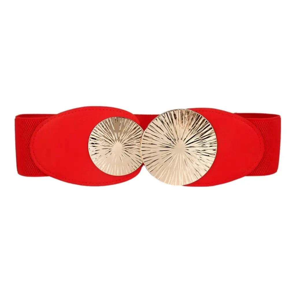Red elastic belt with a gold circular buckle from Elastic Belts with Gold Circular Buckle collection