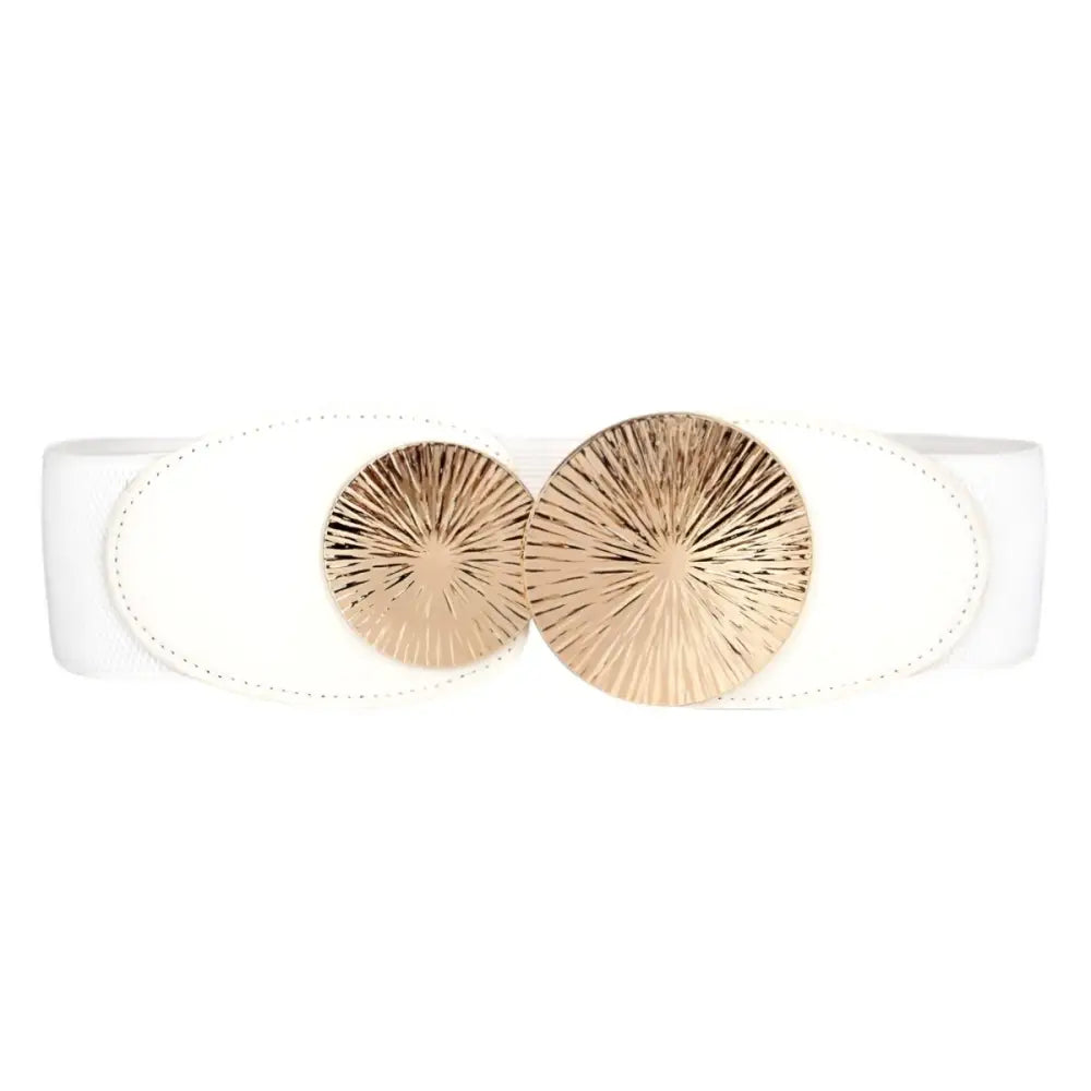 White elastic belt featuring a gold circular buckle from the Red Black and White collection