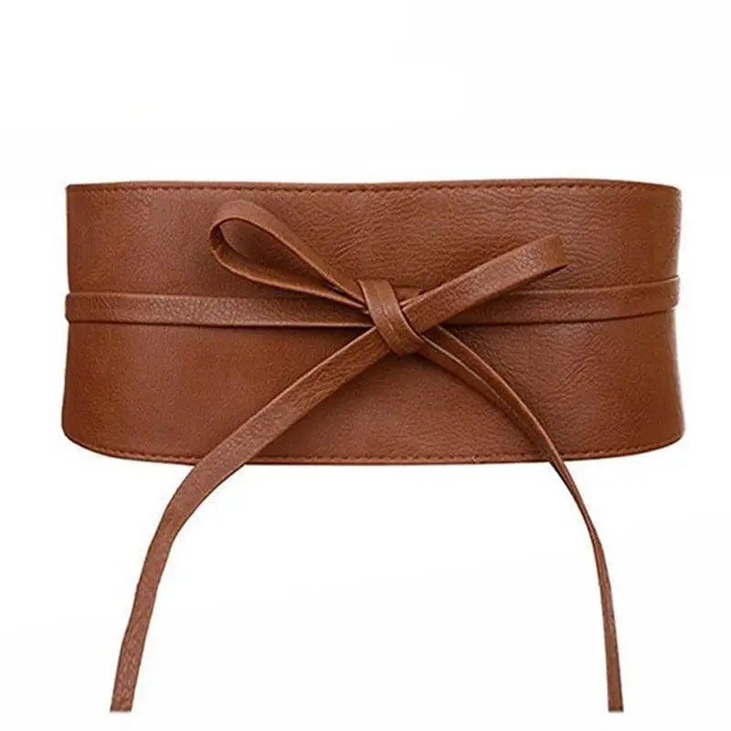 Brown faux leather obi belt from the Velthuria Belt Collection in leather and faux leather styles