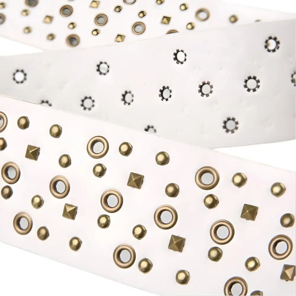 White Lou Belt with metallic embellishments from the Lou Belt Collection of Studded and Leather Belts