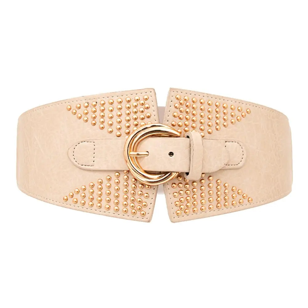 Beige studded corset belt with gold buckle from Susanna Belt collection for elegant attire
