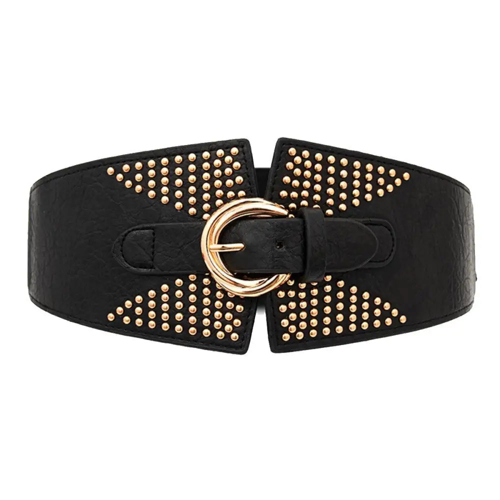 Black studded waist belt from Susanna Belt collection paired with a red patterned dress