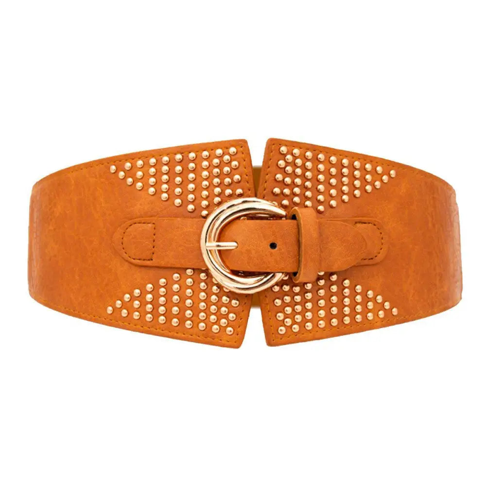 Susanna Belt wide brown studded belt with gold buckle shown on patterned dress